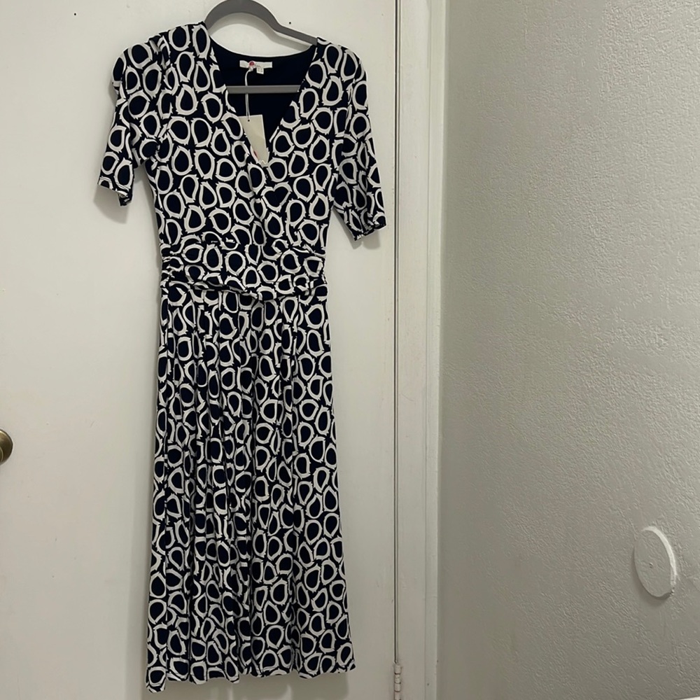 NWT Boden Women’s Dress 2 Kassidy Jersey Midi Faux Wrap Navy White Print Ruching